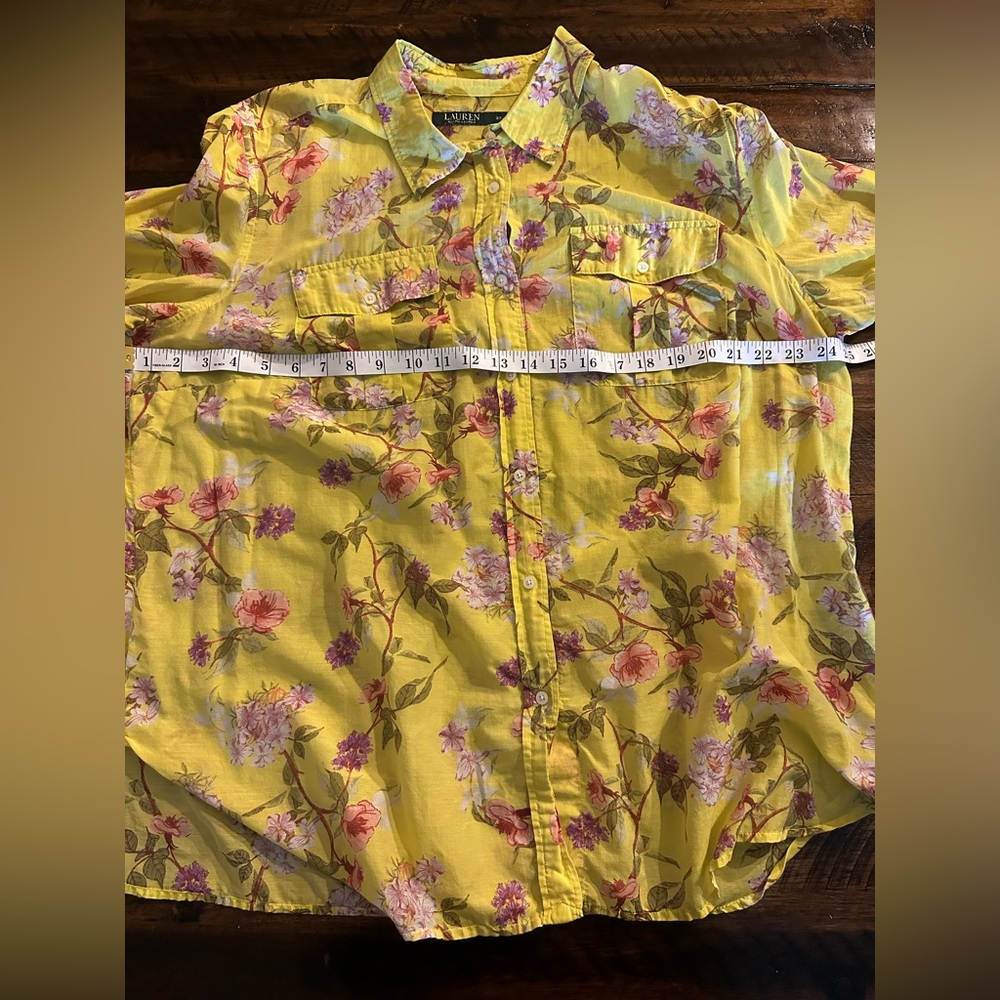 Lauren Ralph Lauren Yellow Floral Button Down Shirt 2X Cotton Blend Blouse - Picture 7 of 8